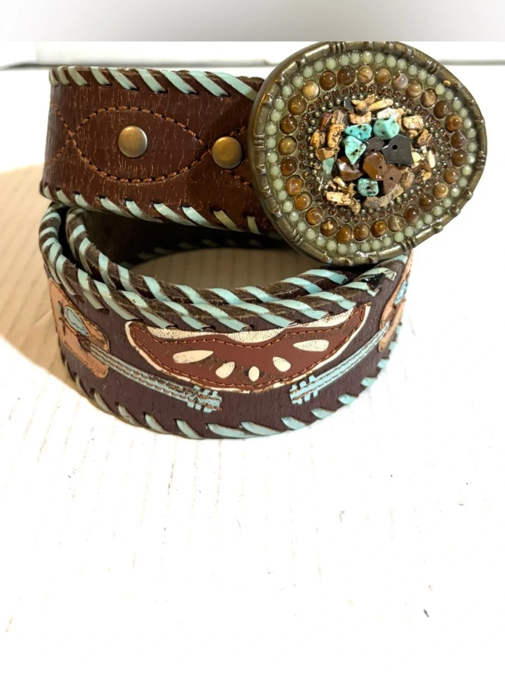 Beaded Oval Buckle Brown Leather Belt with Turquoise Stitching